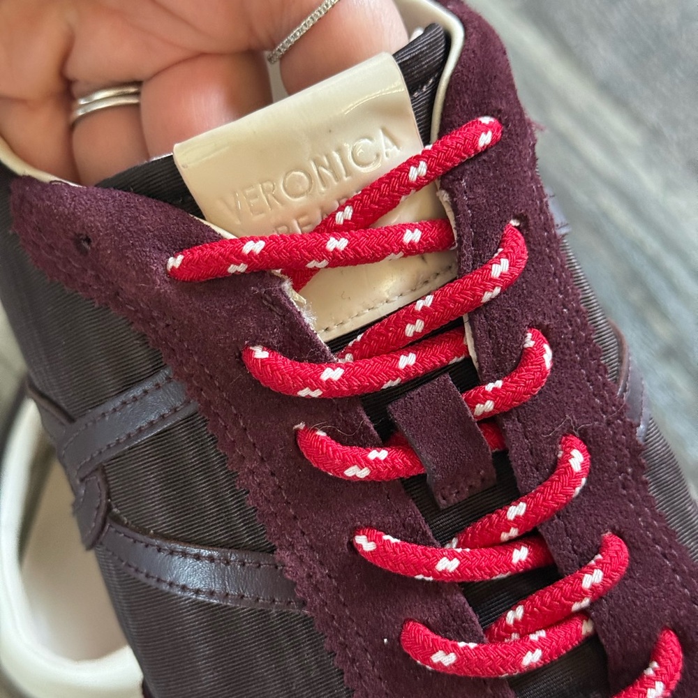 Veronica Beard Burgundy Suede & Mesh Sneakers with Cream Heel